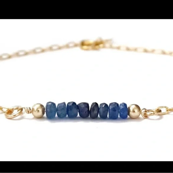 Real Sapphire Dainty Gemstone Bar Bracelet in 14K Gold Filled. - Picture 3 of 5